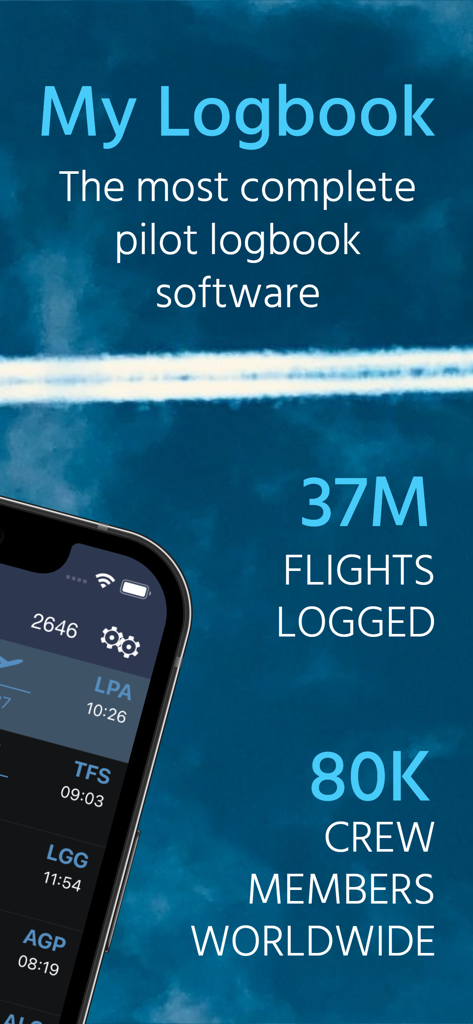 PILOTLOG - CrewLounge AERO - Promotional screen for PILOTLOG CrewLounge AERO featuring flight logging statistics and a mobile app preview against a sky background.