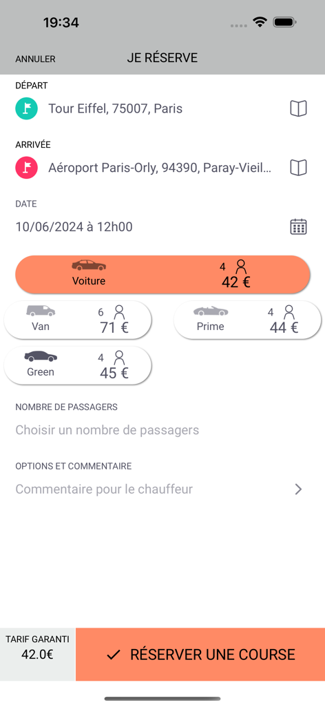 MOOV VTC - Interfaccia dell'app MOOV VTC che mostra le opzioni di corsa dalla Torre Eiffel all'aeroporto di Orly con prezzi trasparenti.