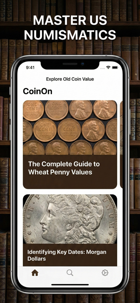 CoinOn - coin value identifier - CoinOn 앱 화면에 엽전 및 모건 달러에 대한 화폐학 가이드 표시