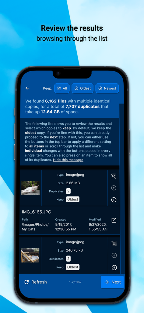 Reviewing a list of detected duplicate image files in the DeDuplicate app to free up cloud storage space.