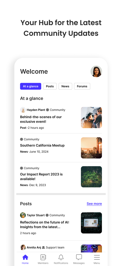 T-bird Connect app home screen displaying the latest community posts and news updates for Thunderbird alumni