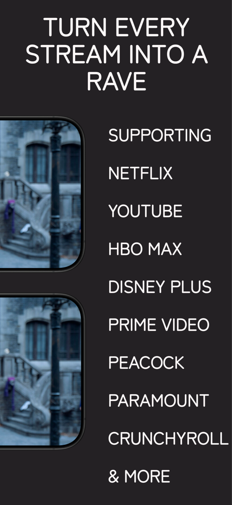 Hearo - Watch Movies Together - Liste des services de streaming pris en charge sur l'application Hearo, y compris Netflix, YouTube et Disney Plus.