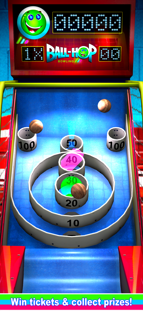 Ball-Hop Bowling - Ball Hop Bowling arcade game screen with scoring rings and wooden balls