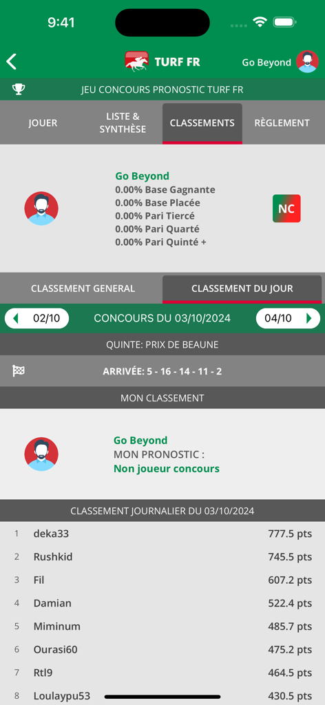 Classement montrant les classements quotidiens pour le concours de pronostics hippiques dans l'application Turf FR