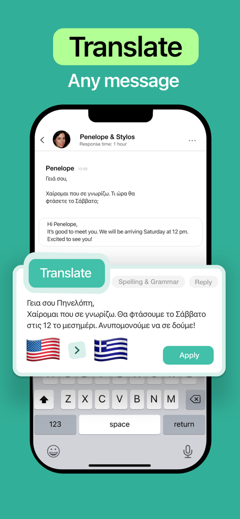 AI Keyboard - Orki - A mobile screen showing the Orki AI Keyboard translating a message from Greek to English.