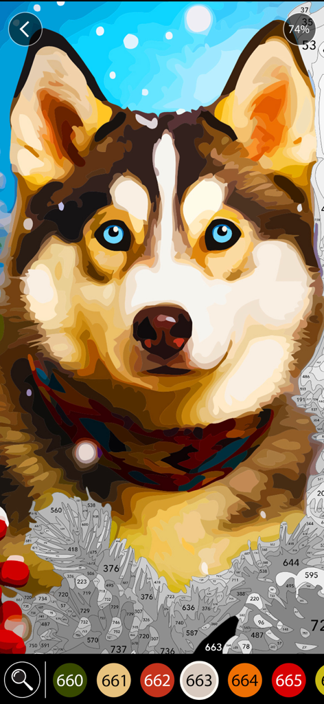 Christmas Paintings - Una aplicación de pintar por números con temática navideña que presenta un perro husky siberiano con ojos azules.