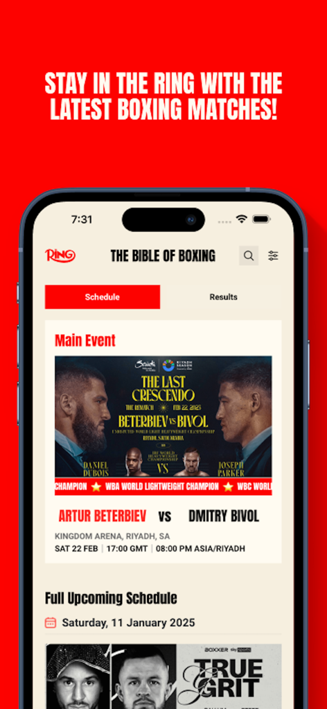 Ring Magazine app showing the upcoming boxing match schedule and Beterbiev versus Bivol main event