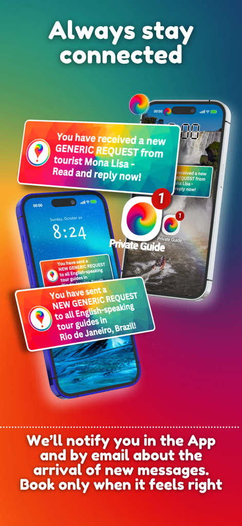 Private Guide World - Two iPhones displaying real-time tour request notifications and direct messaging alerts in the Private Guide World app interface.