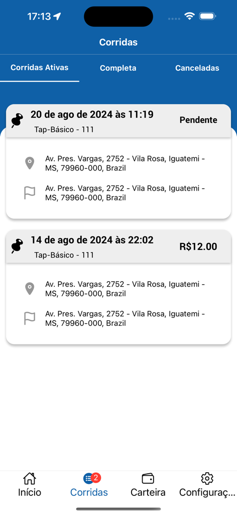 Tap Tap Driver - Tela de histórico de viagens do Tap Tap Driver mostrando viagens ativas e concluídas