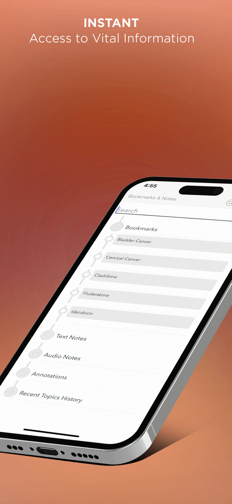 Cancer Chemotherpy Drug Manual - Cancer Chemotherapy Drug Manual app showing bookmarks and notes feature on an iPhone screen.