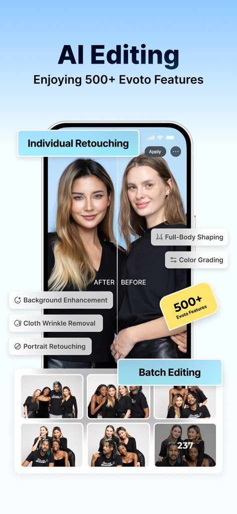 Evoto Instant - Mobile app interface of Evoto Instant showing AI portrait retouching and batch editing tools for professional photographers