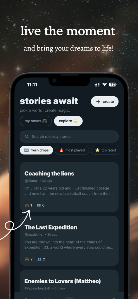 Kindred app interface showing a collection of interactive roleplay stories and categories like fresh drops and most played.