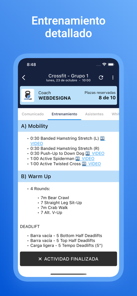 CrossApp Pro - Mobile screen of CrossApp Pro showing a detailed CrossFit training routine with mobility and warm up exercises