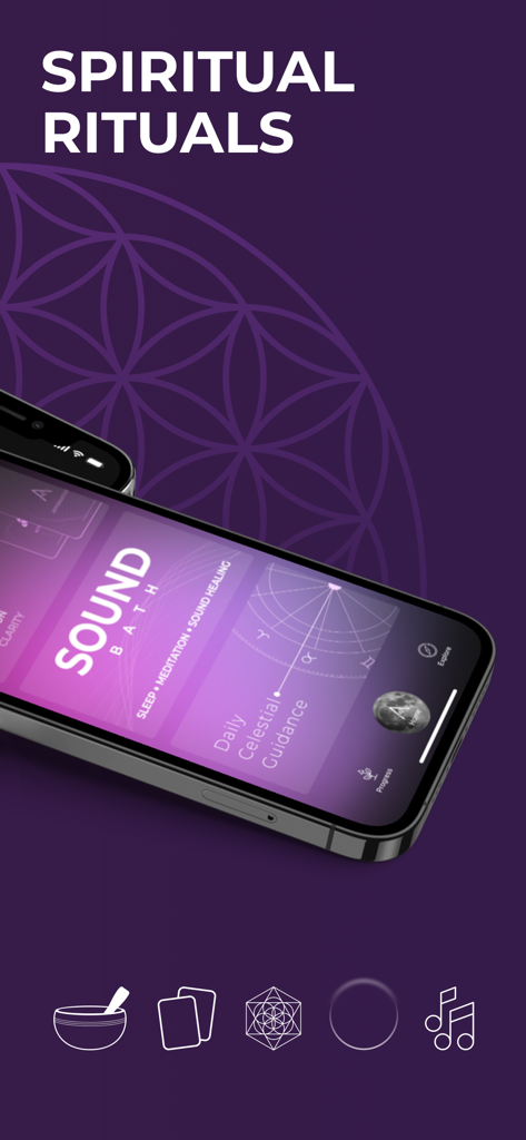 Un smartphone mostrando las funciones de Baño de Sonido y Guía Celestial Diaria de la aplicación Affirmate contra un fondo geométrico morado.