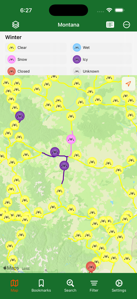 Map view in the Montana Traveler app showing winter road conditions and status icons