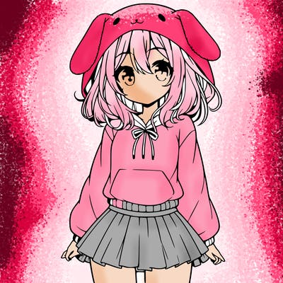 pretty anime girl wearing a fluffy hoodie with bunny ears on the hood and a skirt
