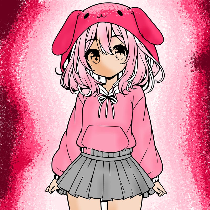 pretty anime girl wearing a fluffy hoodie with bunny ears on the hood and a skirt