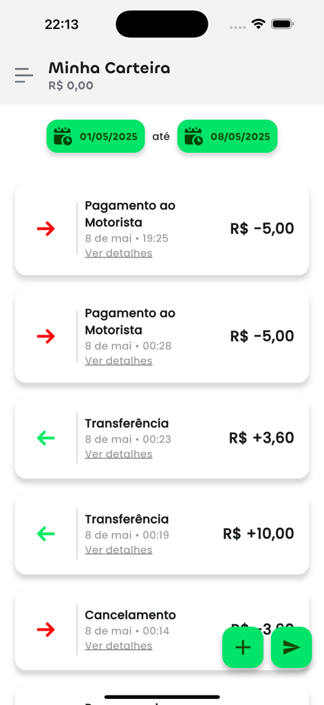 POP call - pedidos em massa - Digital wallet screen showing payment history and transaction logs for delivery drivers