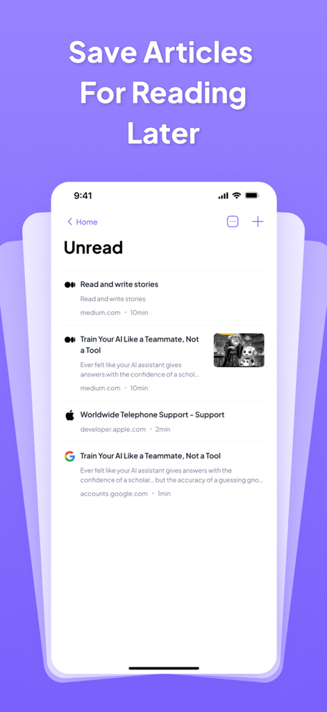 ReadLater: GoodLinks Pro - Interfaz de la aplicación ReadLater GoodLinks Pro mostrando una lista de artículos guardados con estimaciones de tiempo de lectura
