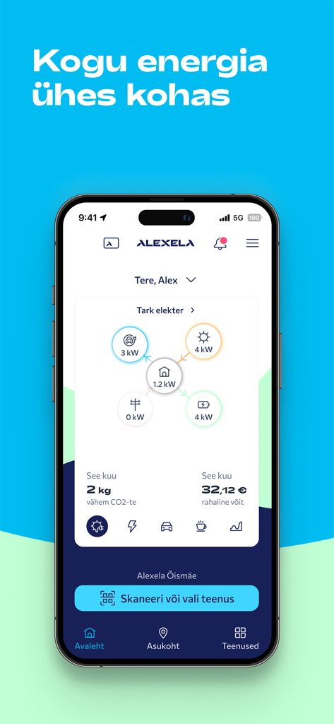 Alexela - Alexela app dashboard showing smart electricity management and household energy consumption stats