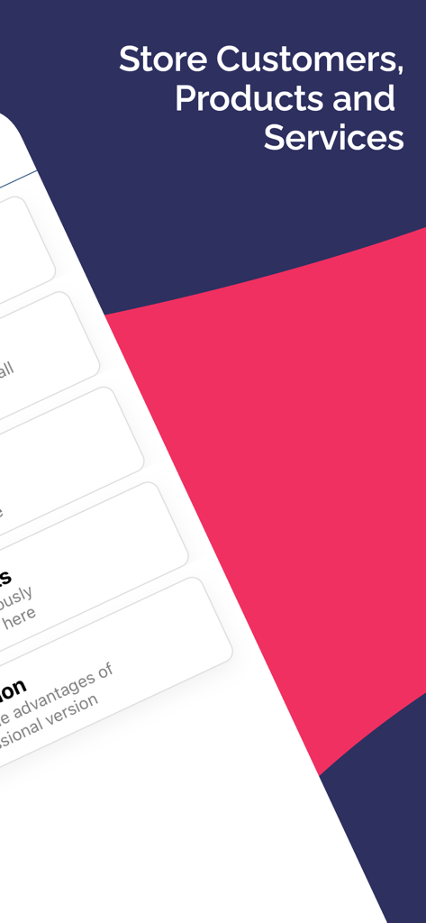 Receipt Creator & Estimate App - Pantalla de la aplicación Receipt Creator que muestra la función para almacenar clientes, productos y servicios.