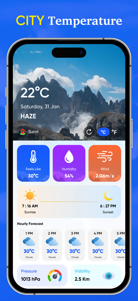 Real Thermometer & Temperature - Interfaz de la aplicación Real Thermometer mostrando la temperatura actual y métricas meteorológicas.