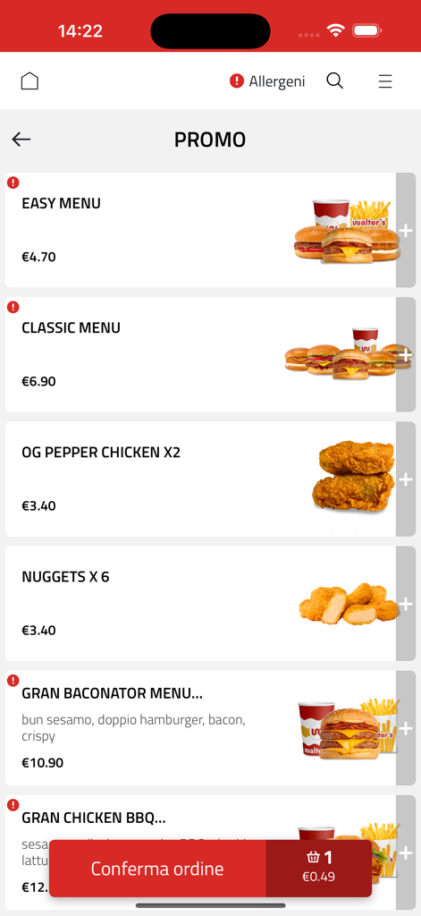 Bildschirm der Walter's mobilen App mit Werbeangeboten für Burger und Hähnchen.