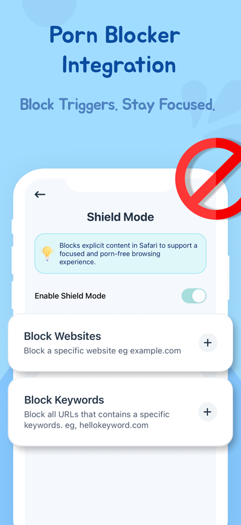 RewireBuddy: Quit Porn Now - Interface of the RewireBuddy app showing the Shield Mode porn blocker settings