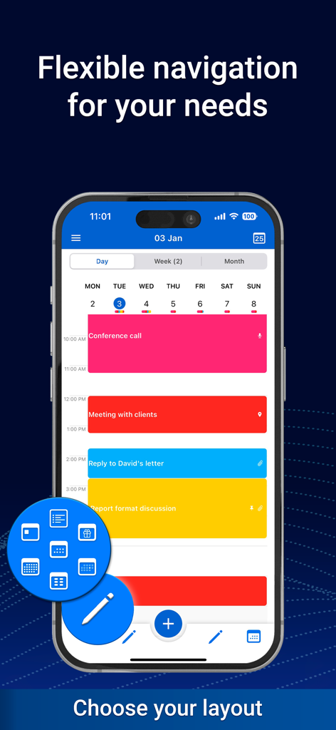 Calendar: To Do List & Notes - Smartphone screen showing MC Calendar app with a color coded daily schedule and layout options