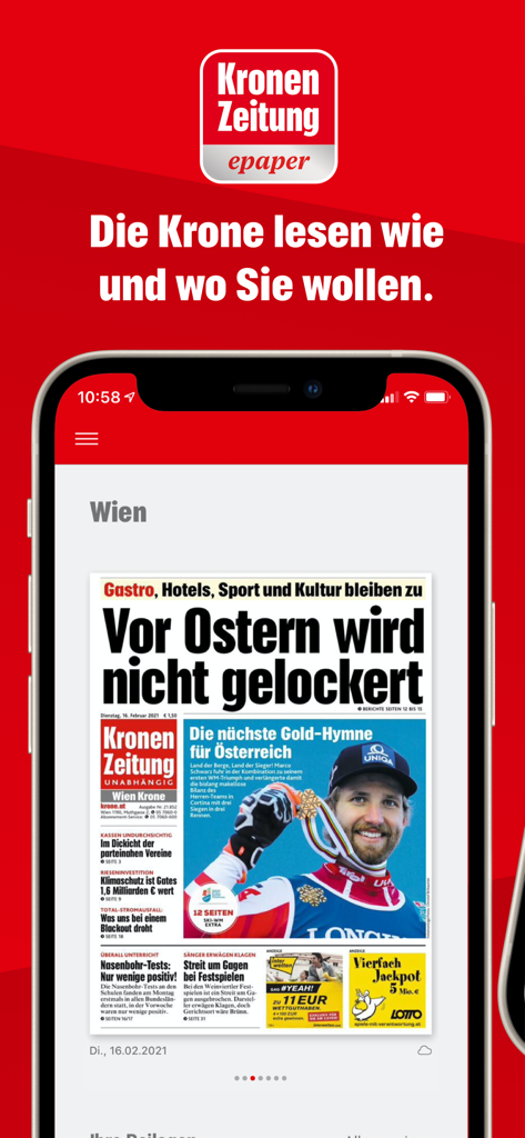 Smartphone-Bildschirm mit der Krone ePaper App, die eine digitale Ausgabe der Kronen Zeitung anzeigt