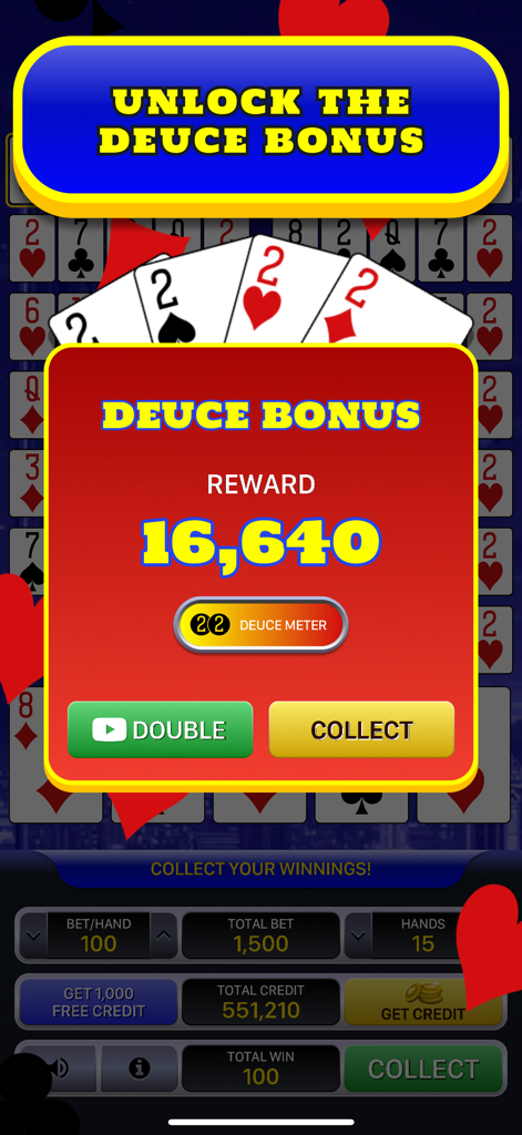 アメリカンビデオポーカーアプリのデュースボーナス報酬画面。16,640クレジットの勝利とコレクトボタンが表示されている。
