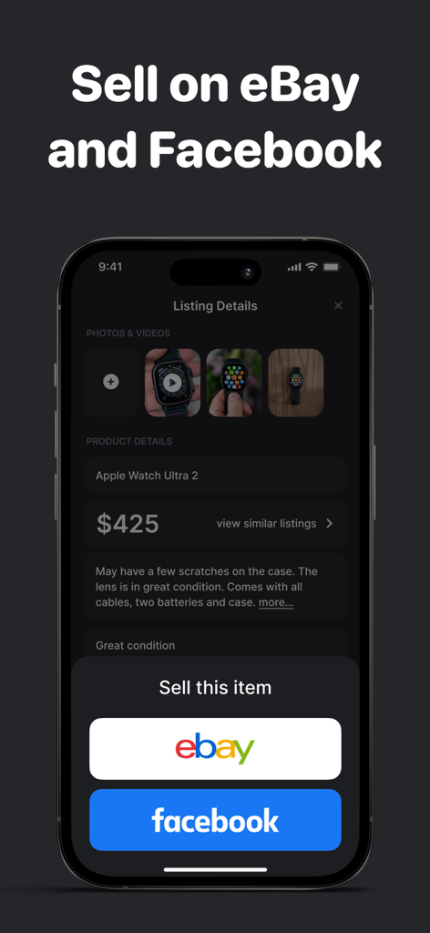 Hero: Sell, Price & List Fast - Hero app interface showing an item listing with options to sell on eBay and Facebook Marketplace