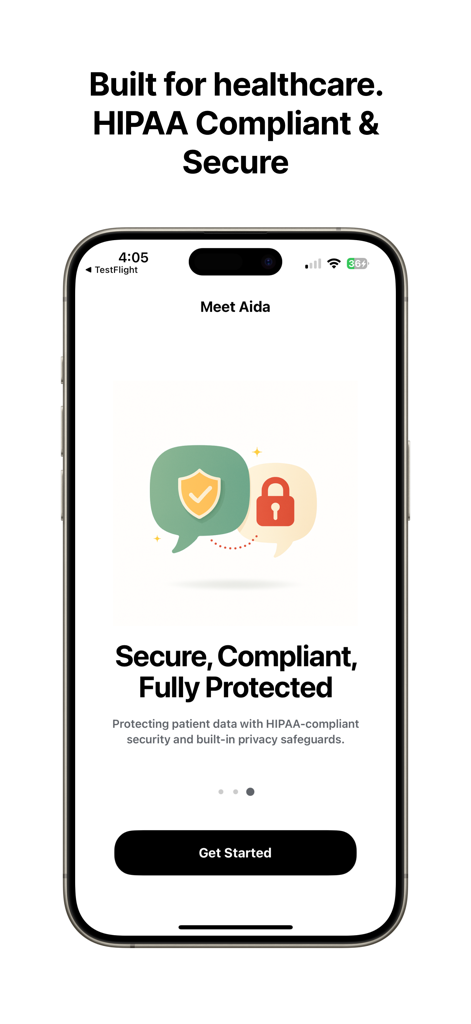Aida medical interpreter app onboarding screen showing HIPAA compliance and secure data protection features