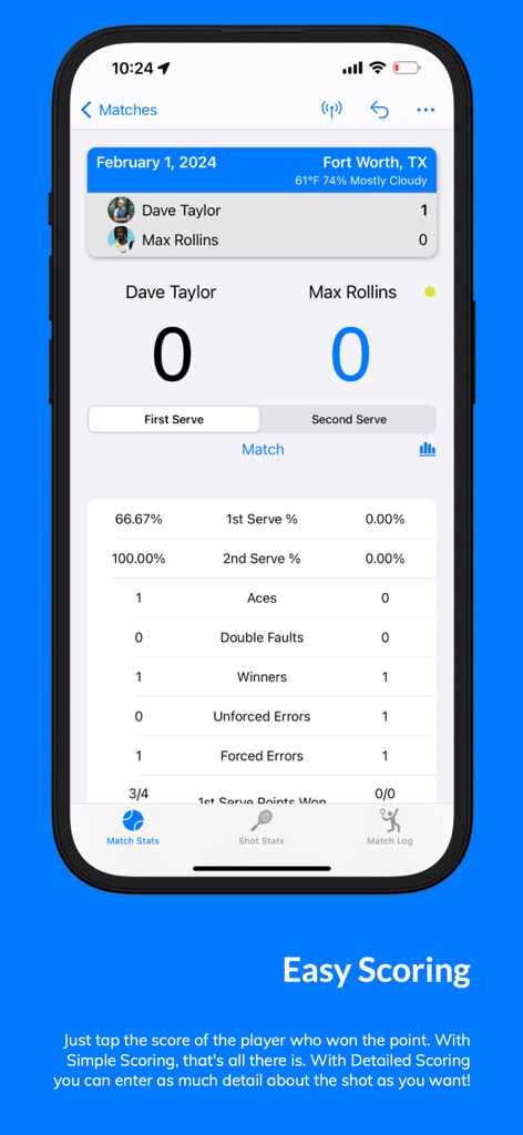 MatchTrack Tennis Score Keeper - Smartphone screen displaying live tennis match statistics and scoring interface for two players