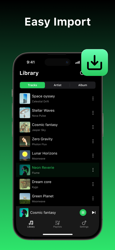 Offline music player app screen showing the library with an easy import feature