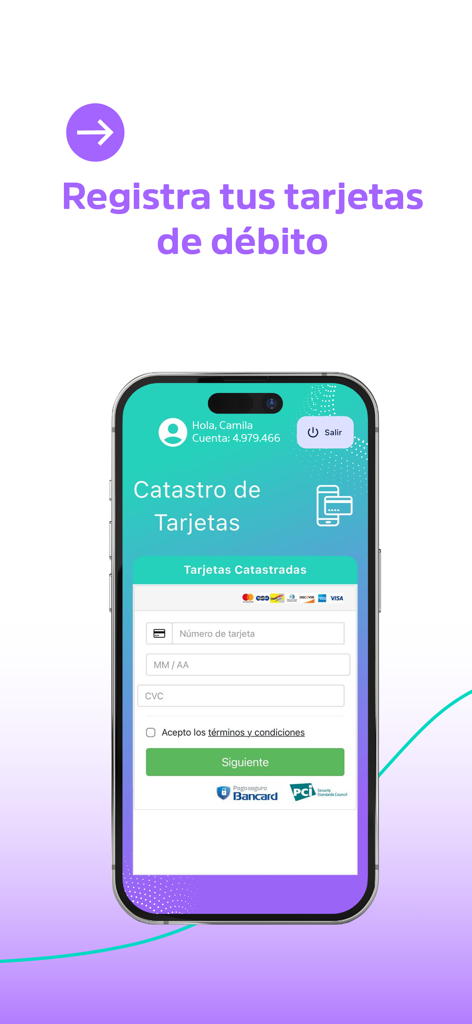 Che Dúo Digital - Interfaz de registro de tarjeta de débito en la aplicación Che Duo Digital