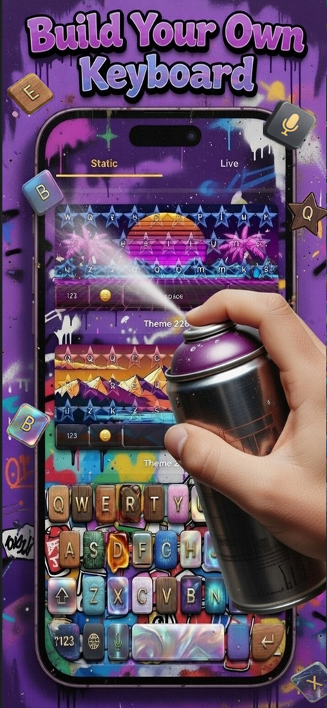 DIY Keyboard: Fonts & Themes - Interfaz de la app Teclado DIY mostrando efecto de pintura en spray sobre varios diseños de teclado personalizados.