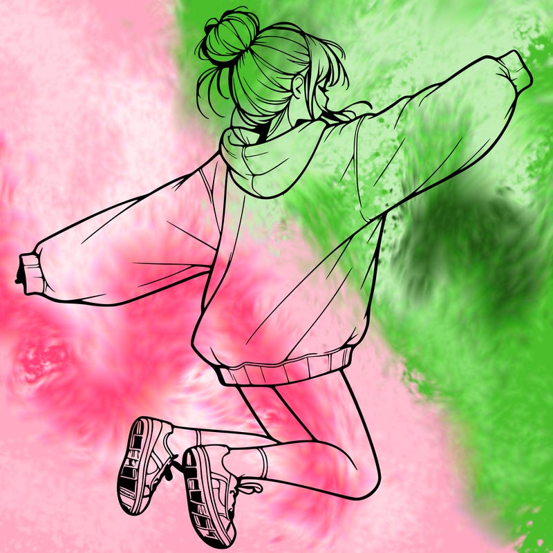realistic girl jumping with a bun and oversized sweatshirt
