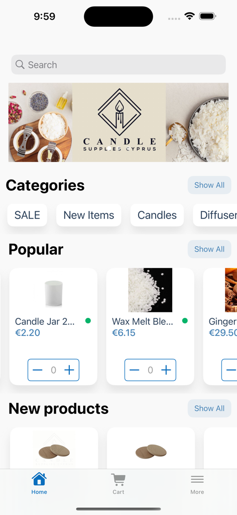 Candle Supplies Cyprus - Mobile app home screen for shopping candle making supplies featuring product categories and popular items.
