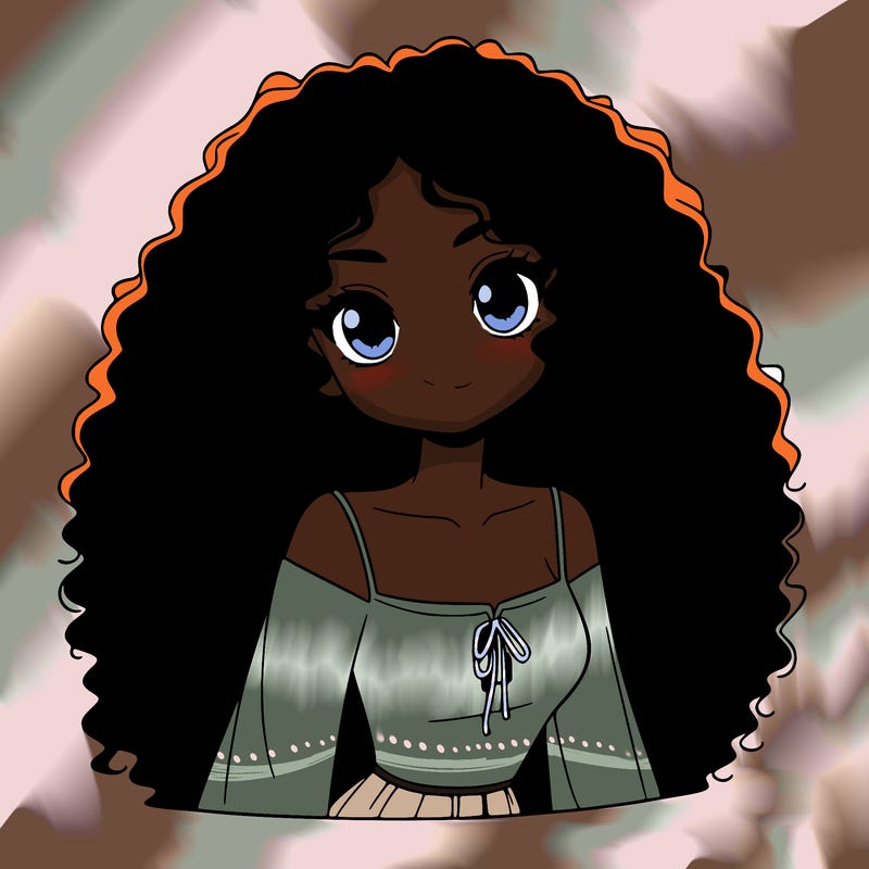 a black anime girl with long afro hair