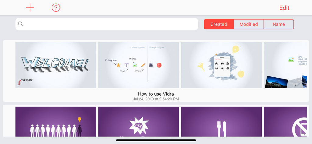 Vidra - Video Presentations - Dashboard of the Vidra app showing a collection of saved video presentation projects and slides