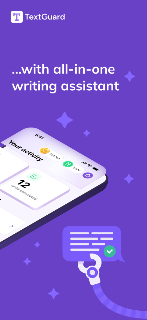 TextGuard AI mobile app interface showing user activity dashboard and all-in-one writing assistant tagline
