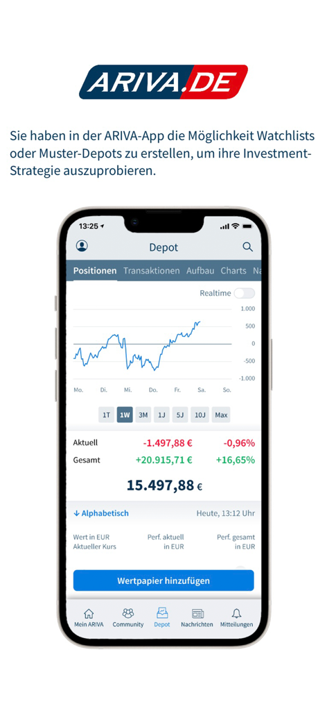 Aktien & Börse - ARIVA.DE - Smartphone displaying ARIVA.DE app with a stock portfolio performance chart and financial data.
