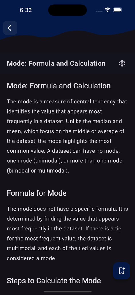 Learn Statistics [PRO] - Pantalla educativa que muestra la definición y cálculo de la moda en la aplicación Learn Statistics PRO.