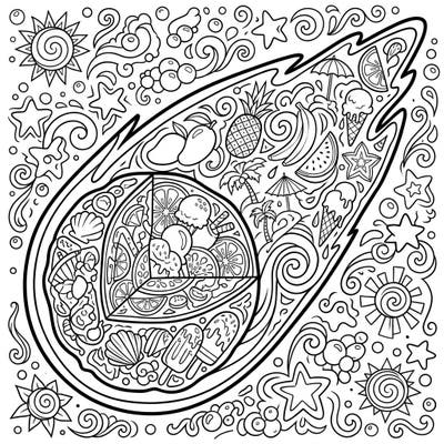 Discover a truly unique coloring experience with our 'Comet Composition: Summer' page, blending scientific wonder with tropical delights. Unleash your creativity by bringing this imaginative blend of cosmic and summer elements to life with your favorite colors.