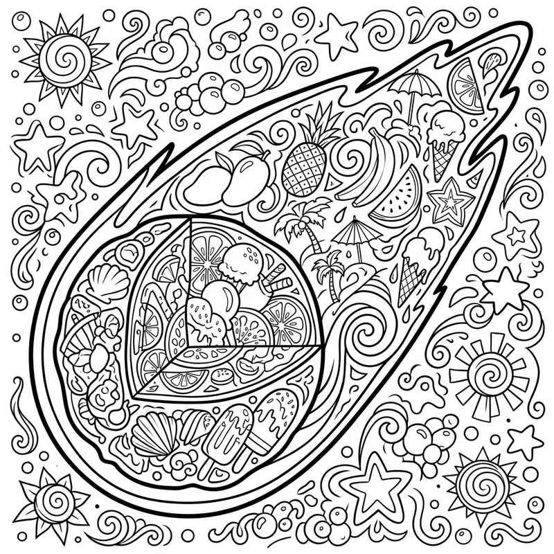 Discover a truly unique coloring experience with our 'Comet Composition: Summer' page, blending scientific wonder with tropical delights. Unleash your creativity by bringing this imaginative blend of cosmic and summer elements to life with your favorite colors.
