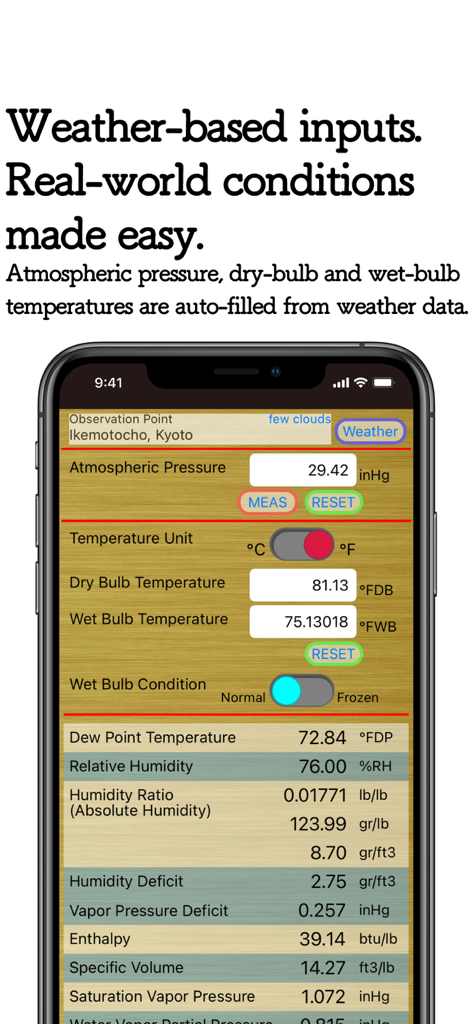 Smartphone screen displaying HumidCalc app with auto-filled weather data for atmospheric pressure and temperature calculations.