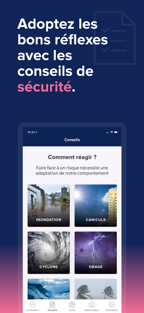 Screenshot der myPredict 2 App, die Sicherheitstipps und Verhalt Ratschläge für Wetterrisiken wie Überschwemmungen und Stürme anzeigt