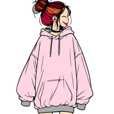 realistic girl with a oversized sweatshirt on and a bun