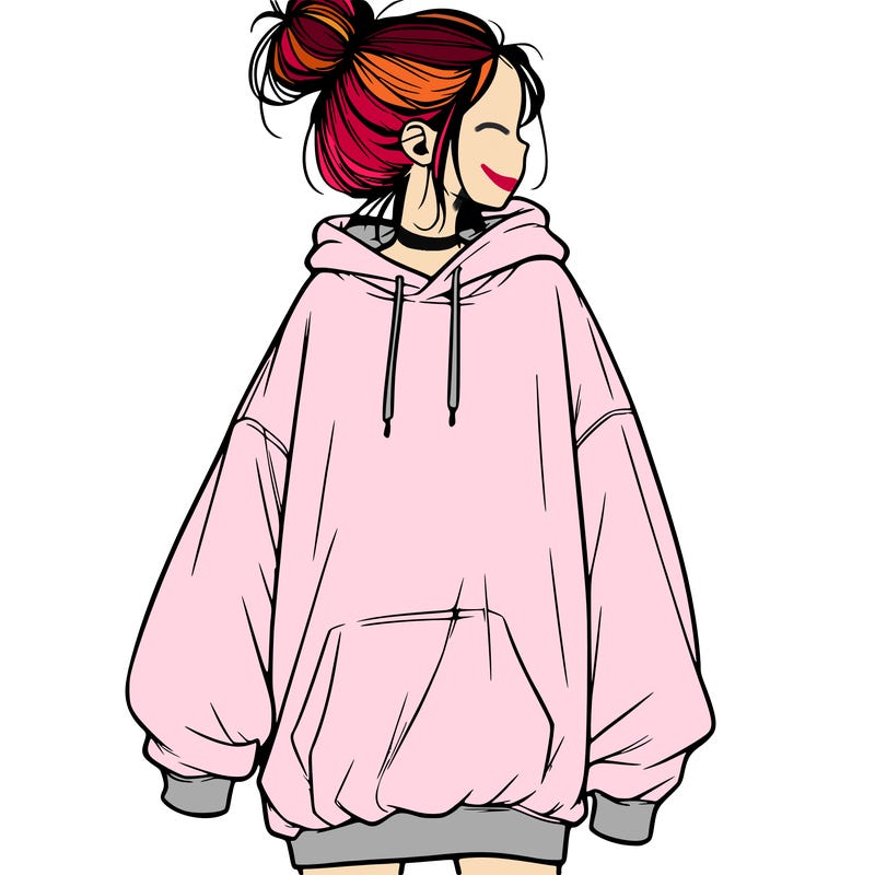 realistic girl with a oversized sweatshirt on and a bun